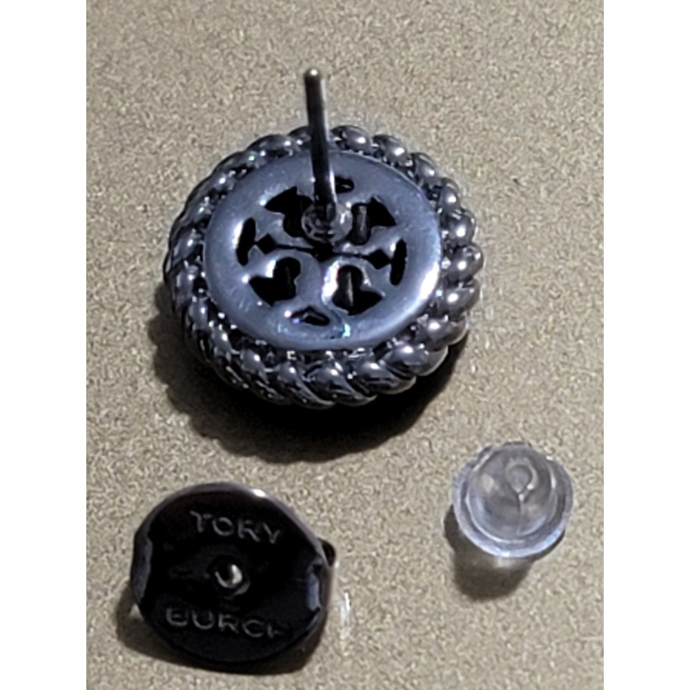 Tory Burch Miller Pave Logo Stud Earrings Silver Tone Textured Rope Border Studs - Picture 2 of 3
